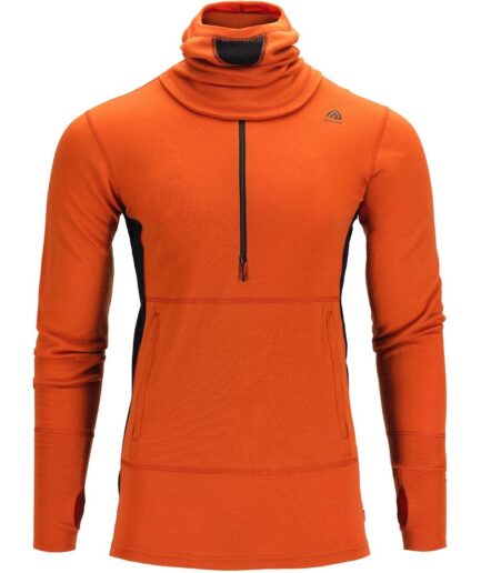 Aclima Mens Warmwool Hood Sweater Zip Orange Gold Flame Jet Black Small