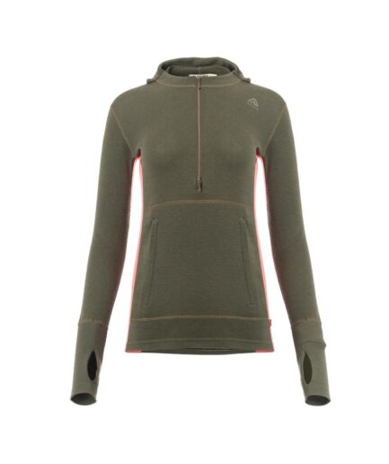 Aclima Womens Warmwool Hood Sweater Zip Grøn Olive Night Spiced Coral Medium